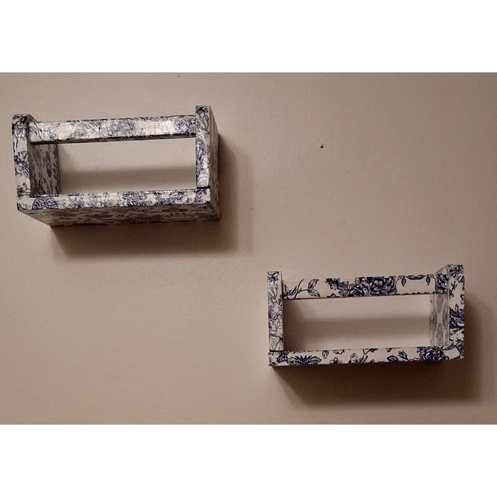 Lot of 2 Decoupaged Blue & White Wood Shelves Wall Mount 8” Chinoiserie